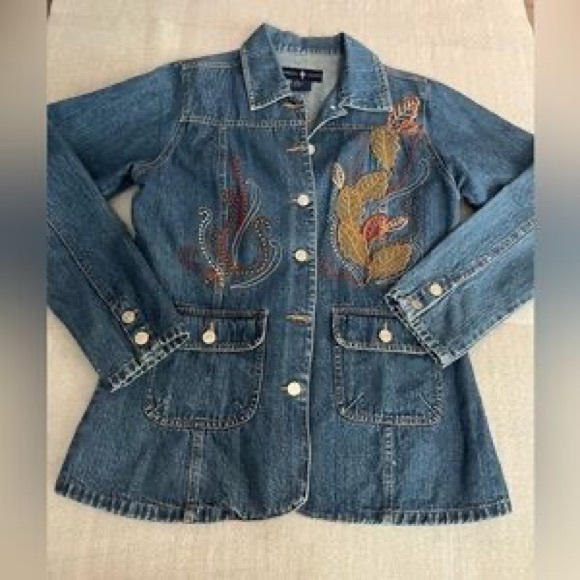 Jackets & Blazers - Embroidered Blue Denim Jacket - Women's Casual Coat